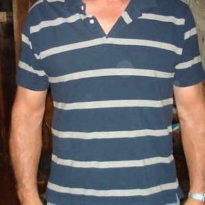 Basic Editions Classic Fit Mens Blue & Gray Striped Short Sleeve Polo Size LG